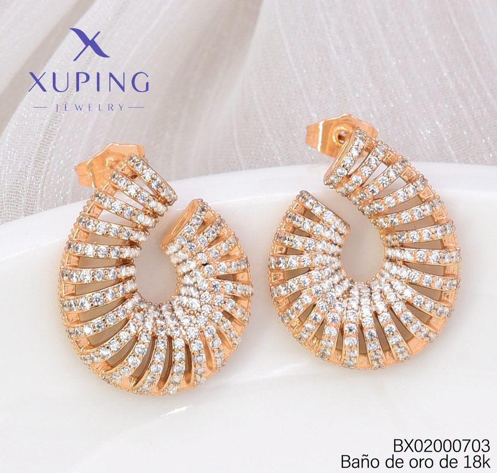 ARETES BAÑO DE ORO 18K XUPING "J" LINEAS HORIZ. ZIRC. (X.JL)