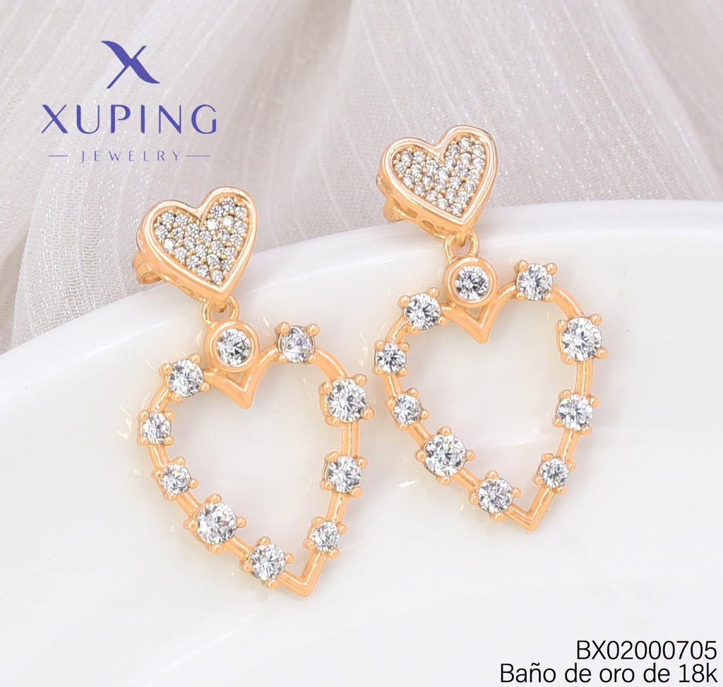 ARETES BAÑO DE ORO 18K. XUPING CORAZON ZIRC./ CROQUI CORAZON (X.JL)
