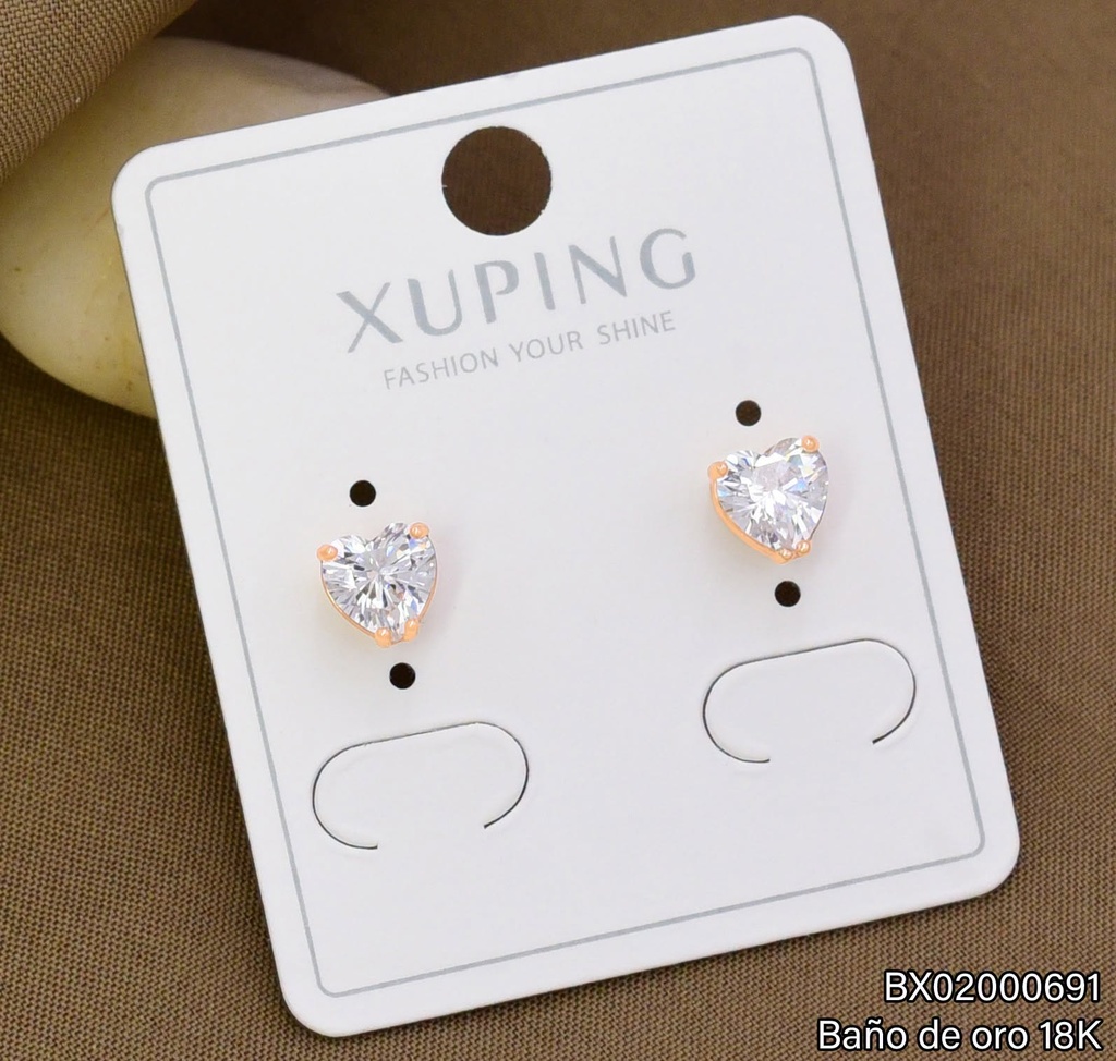 ARETES TOPITOS BAÑO DE ORO 18K XUPING CORAZÓN ZIRC. CRISTAL (X.JL)
