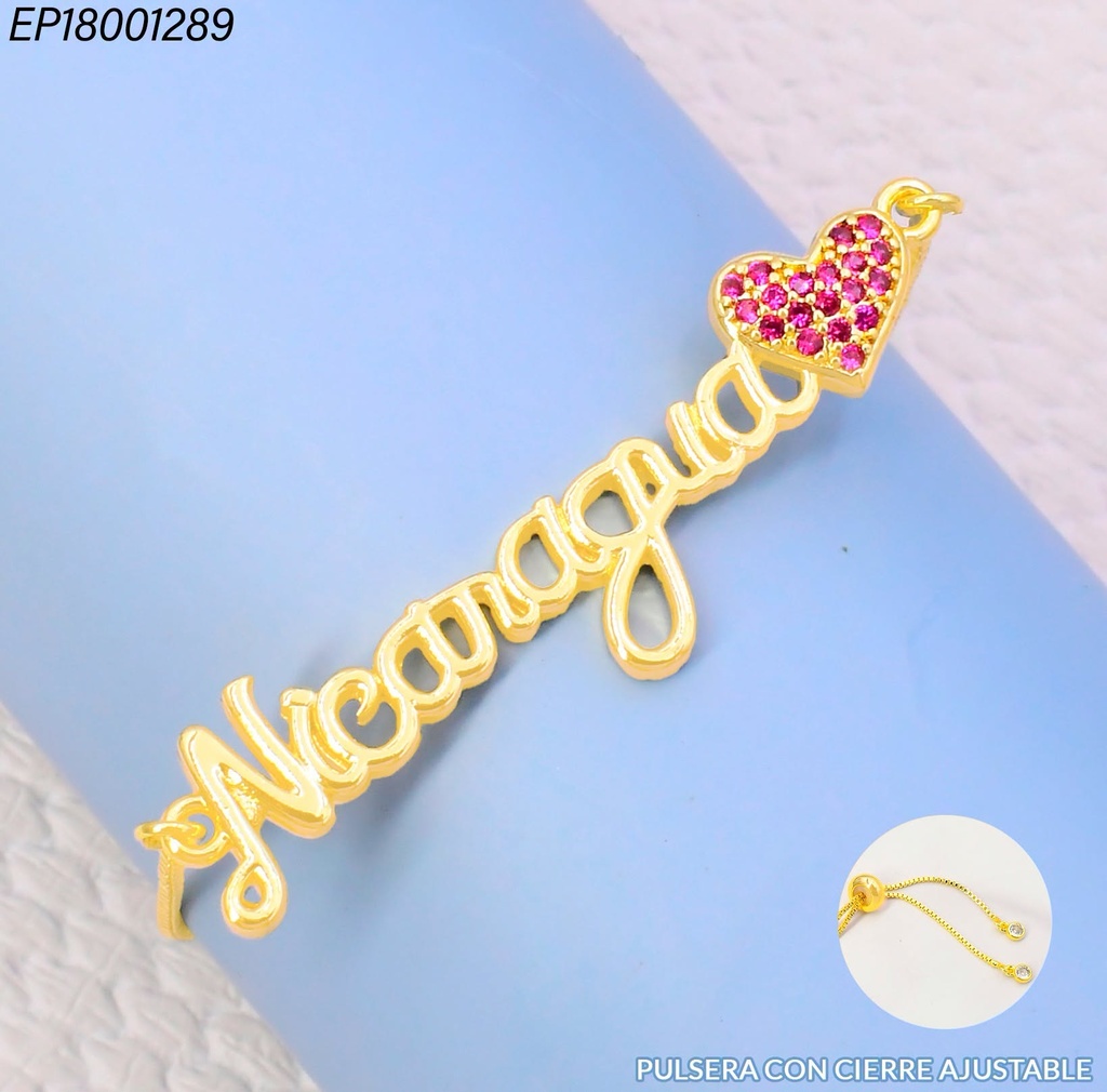 PULSERA DORADA AJUSTABLE "NICARAGUA" CORAZON FUCSIA N6620-841