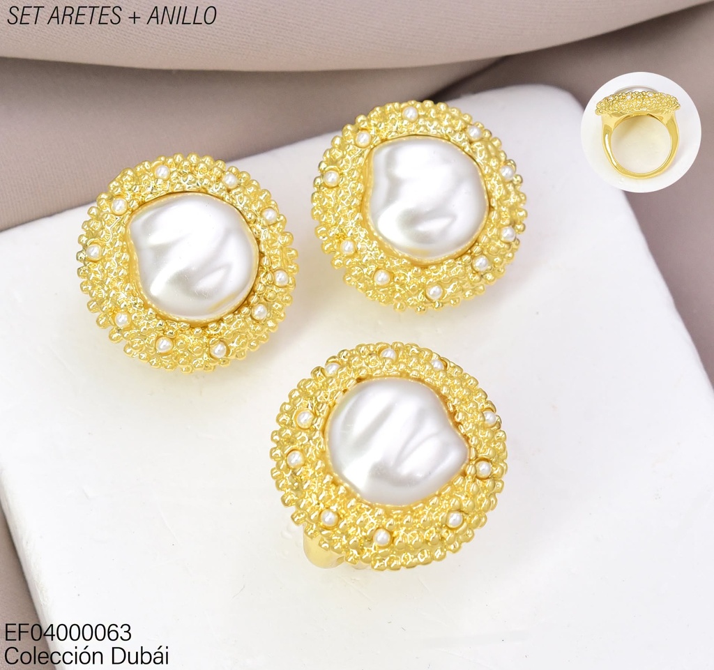 SET DUBAI ARETES/ANILLOS PERLA BASE CORRUGADA RD FD26663(DUB1)