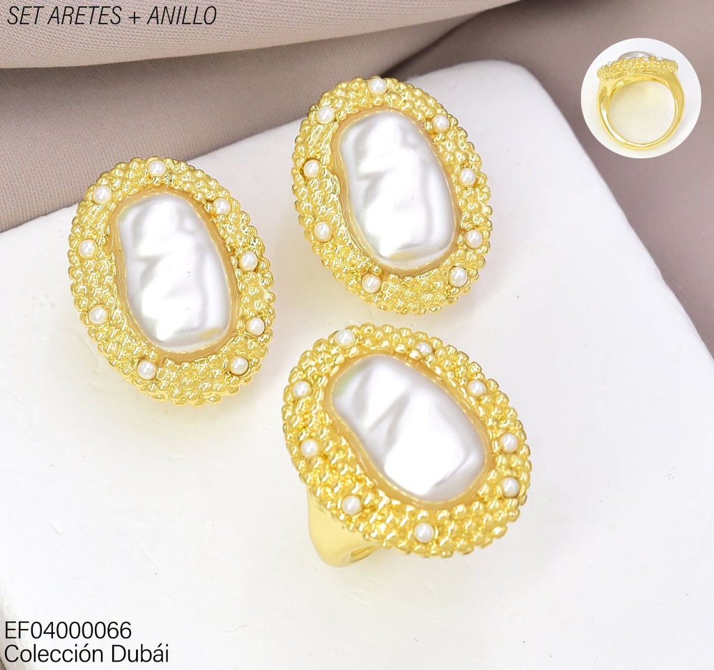 SET DUBAI ARETES/ANILLO PERLA BASE CORRUGADA OV. FD26664 (DUB1)