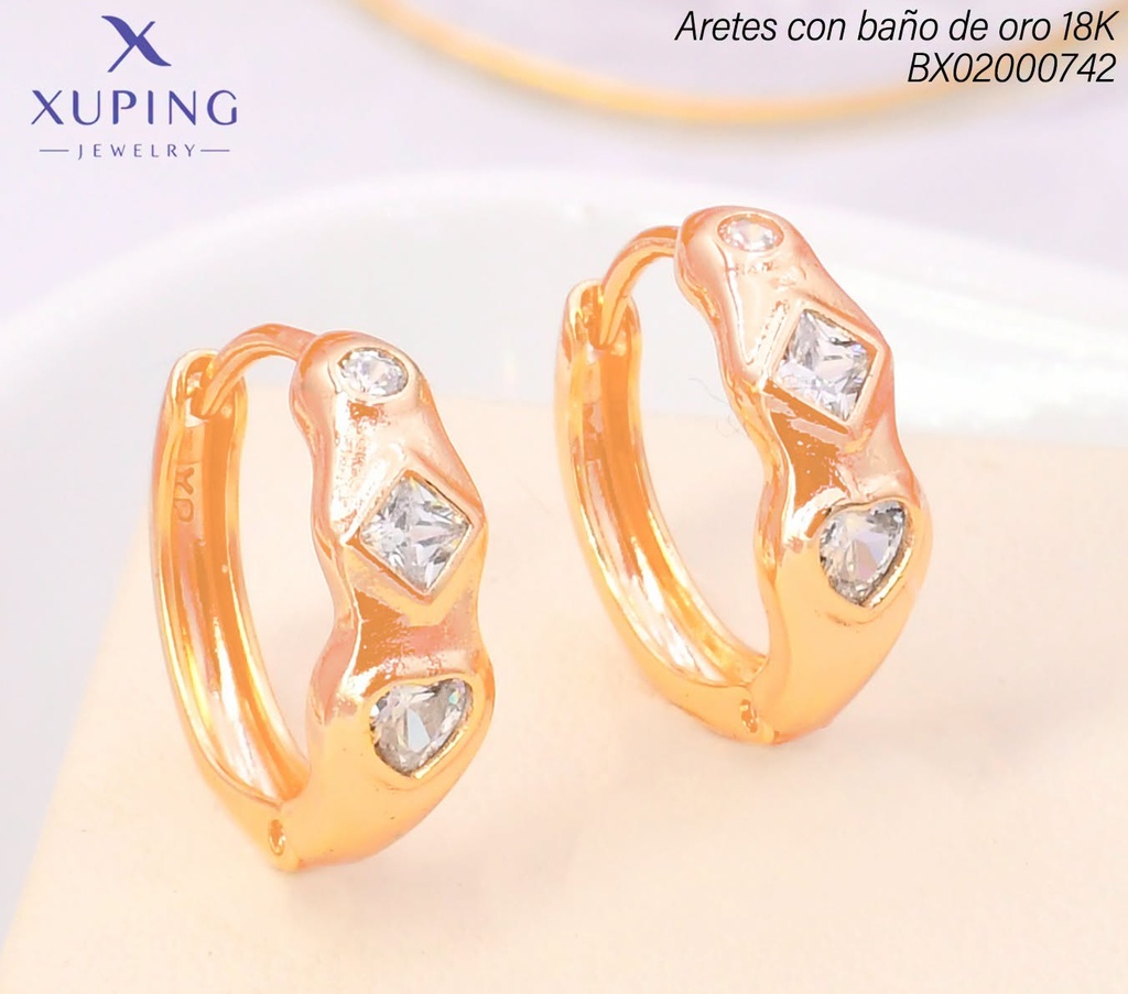 ARETES HUGGIES BAÑO DE ORO 18K XUPING ZIRC.RD/RB/CORAZON (X.JL)