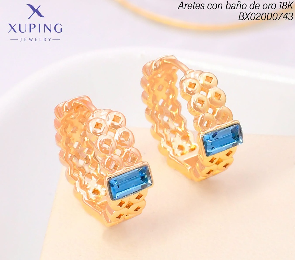 ARETES HUGGIES BAÑO DE ORO 18K XUPING PELOTITIAS RECT.CELESTEZECF-0182 (X.JL)