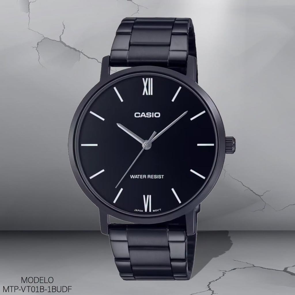 RELOJ CASIO ANALOGO MTP-VT01B-1BUDF METAL NEGRO.