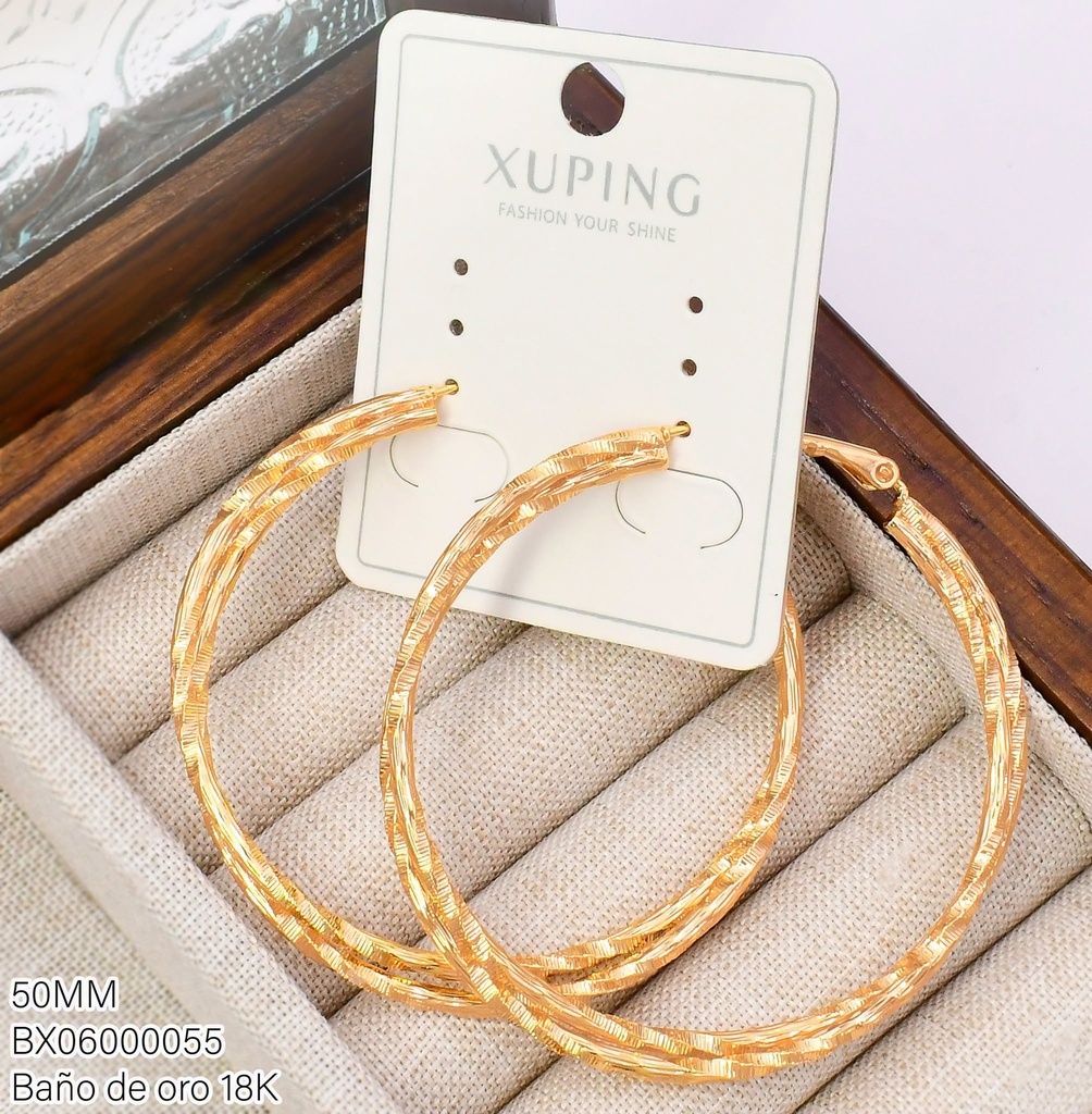 ARGOLLA BAÑO DE ORO 18K XUPING DIAMANTADA DOBLE 50MM TORNEADO LARGO (XAG)