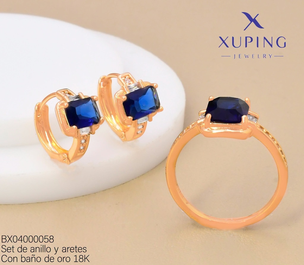 SET BAÑO DE ORO 18K ARETES/ANILLO ZIRC.RECT AZUL (XAG)