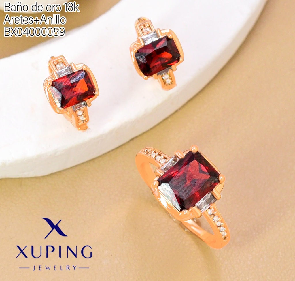 SET BAÑO DE ORO 18K ARETES/ANILLO SOLITARIO ZIRC.RECT ROJO(XAG)