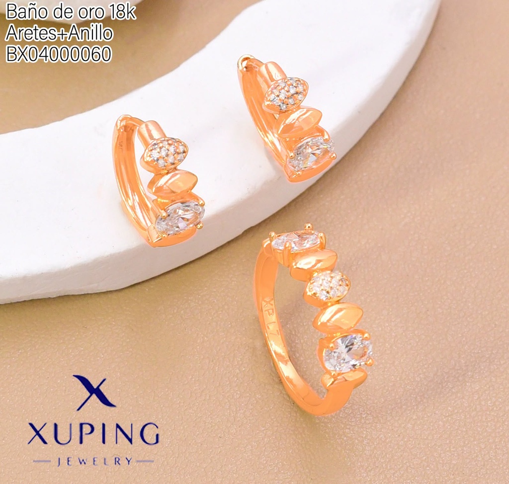 SET BAÑO DE ORO 18K ARETES/ANILLO SOLITARIO OVLISO/ZIRC (XAG)