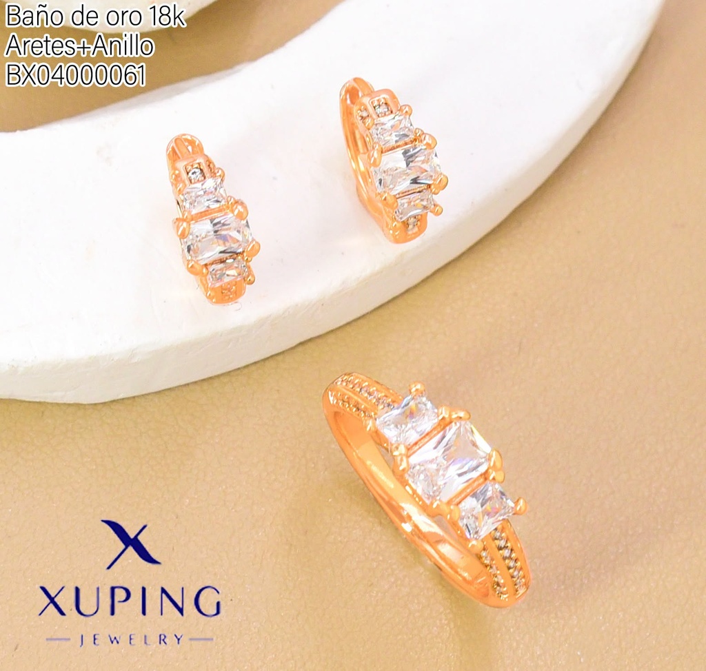 SET BAÑO DE ORO 18K ARETES/ANILLO SOLITARIO 3 ZIRC.(XAG)