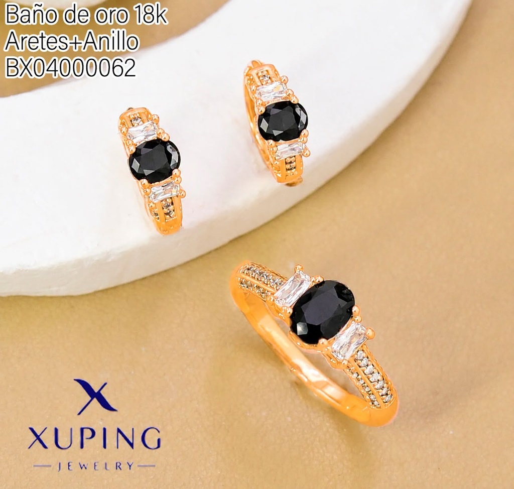 SET BAÑO DE ORO 18K ARETES/ANILLO SOLITARIO ZIRC.NEGRA (XAG)