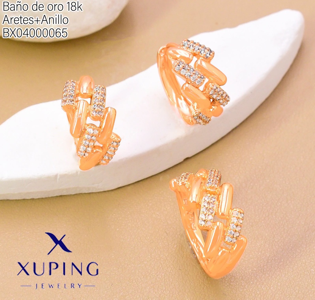 SET BAÑO DE ORO 18K ARETES/ANILLO ZIRC.RECT./LISO (XAG)