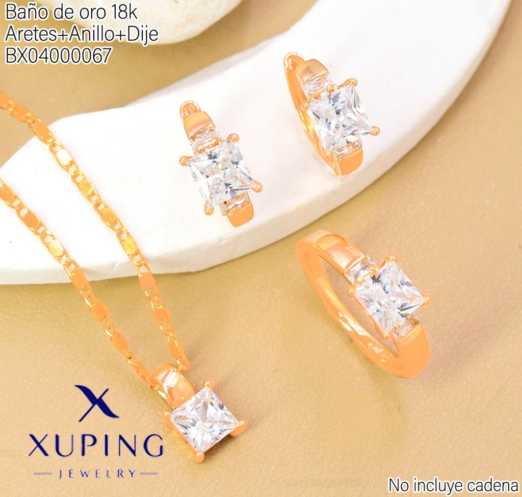 SET BAÑO DE ORO 18K ARETES/ANILLO/DIJE SOLITARIO ZIRC.RECT. (XAG)