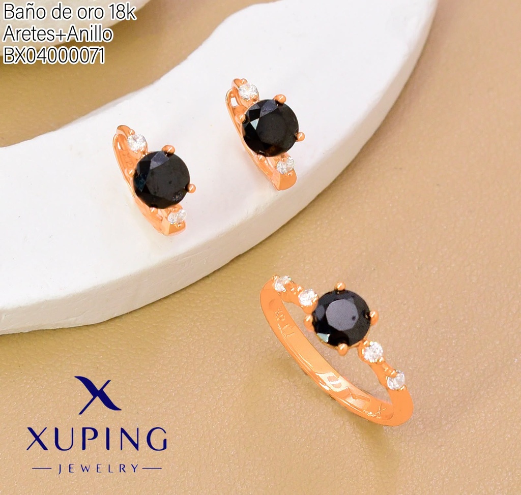 SET BAÑO DE ORO 18K ARETES/ANILLO SOLITARIO ZIRC.RD.NEGRA (XAG)