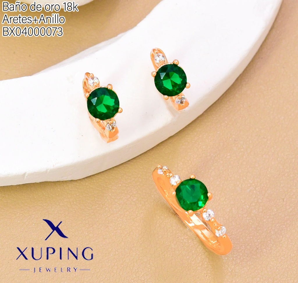 SET BAÑO DE ORO 18K ARETES/ANILLO SOLITARIO ZIRC.VERDE RD (XAG)
