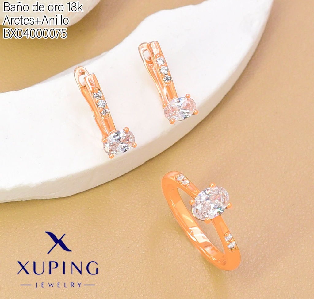 SET BAÑO DE ORO 18K ARETES VERT./ANILLO SOLITARIO ZIRC.OV (XAG)
