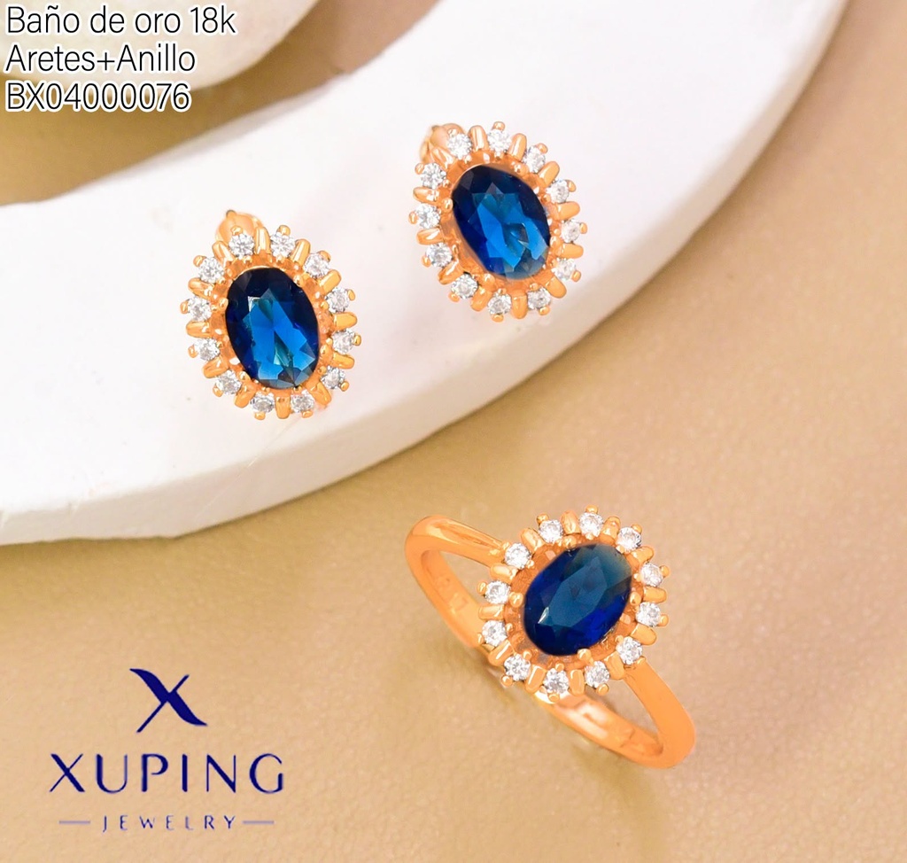SET BAÑO DE ORO 18K ARETES/ANILLO SOLITARIO ZIRC.AZUL OV (XAG)
