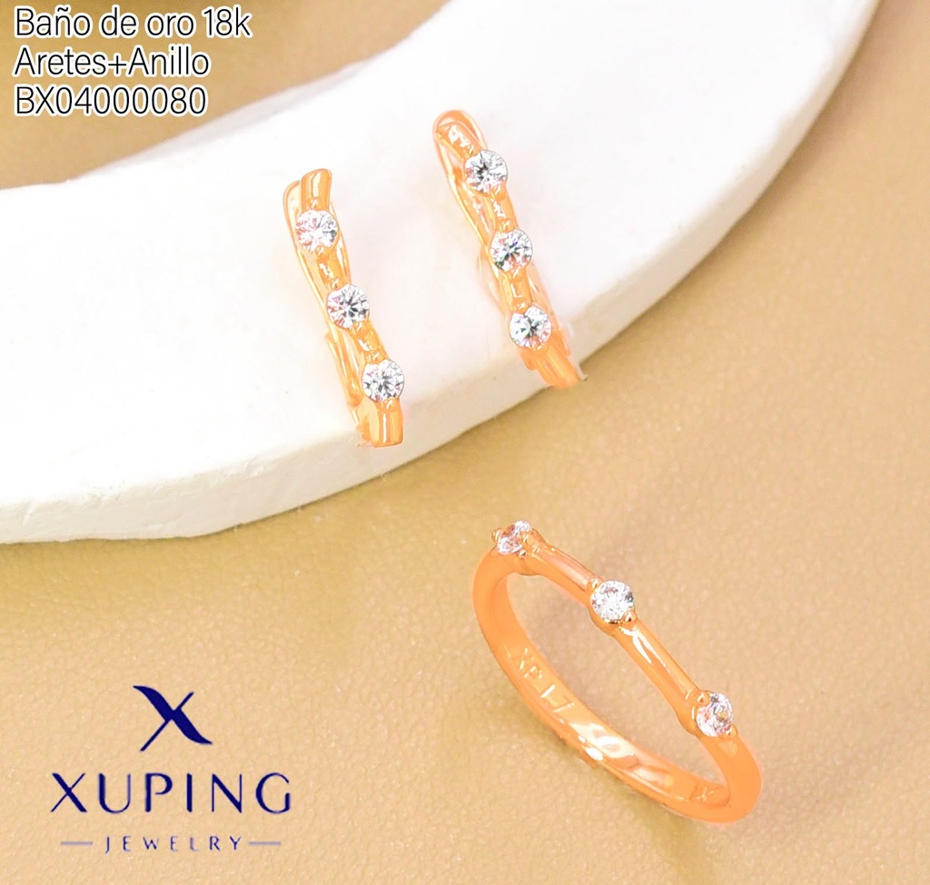 SET BAÑO DE ORO 18K.ARETES/ANILLO 3 ZIRCONIAS (XAG)