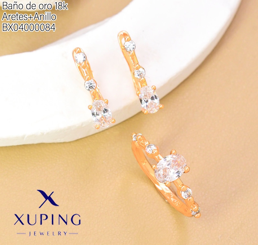 SET BAÑO DE ORO 18K.ARETES/ANILLO SOLITARIO ZIRC.RECT.(XAG)