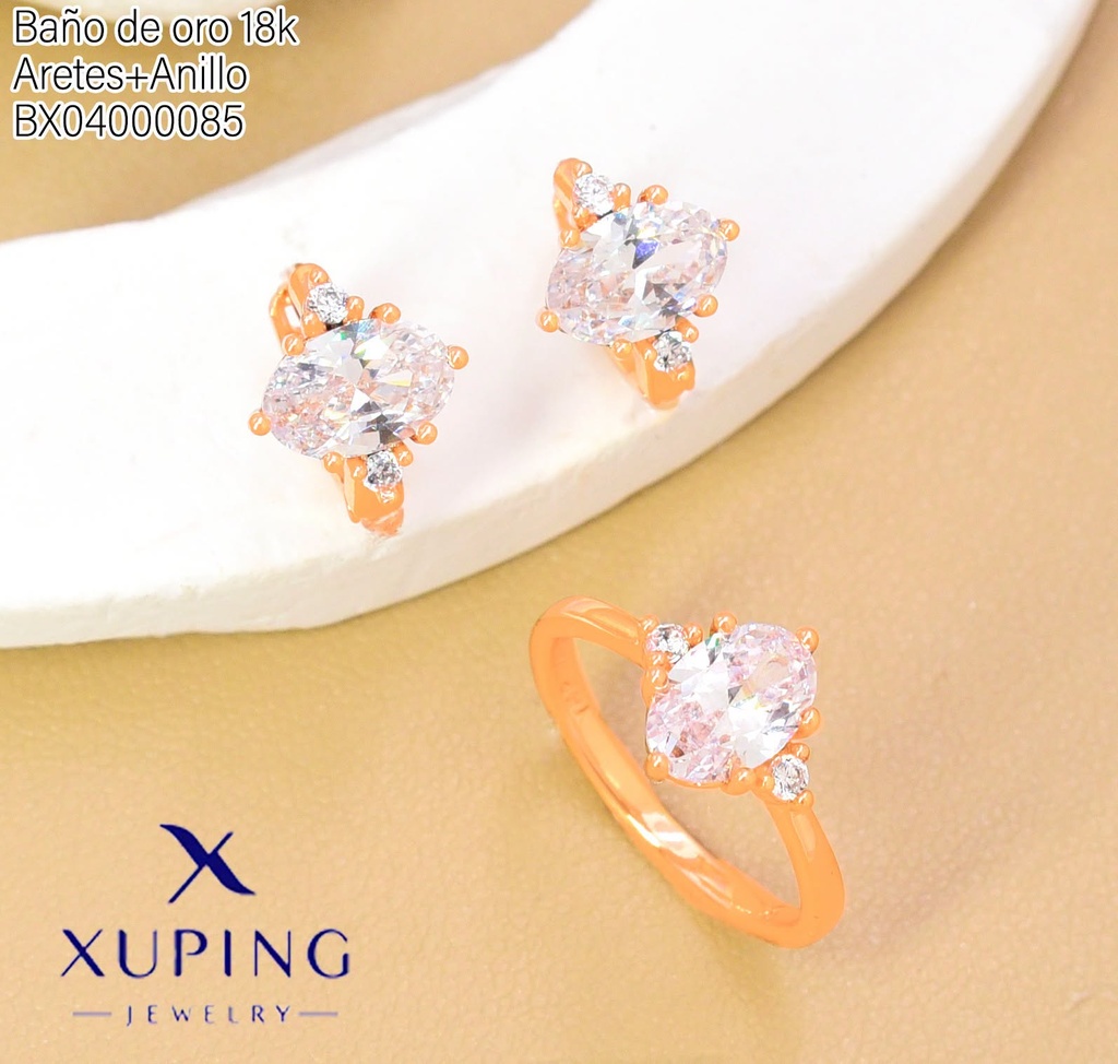 SET BAÑO DE ORO 18K.ARETES/ANILLO SOLITARIO ZIRC.OV (XAG)