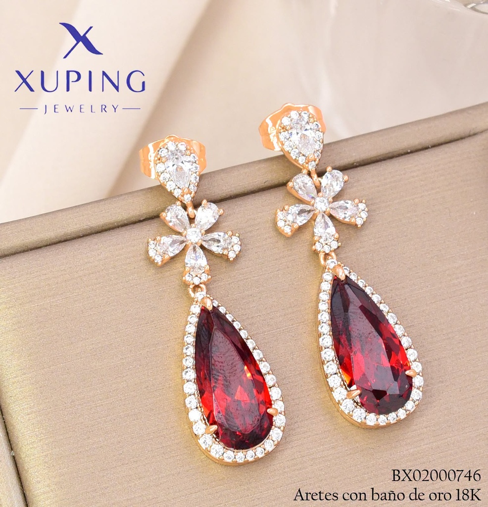 ARETES BAÑO DE ORO 18K XUPING FLOR ZIRC/GOTA ROJA (XAG)