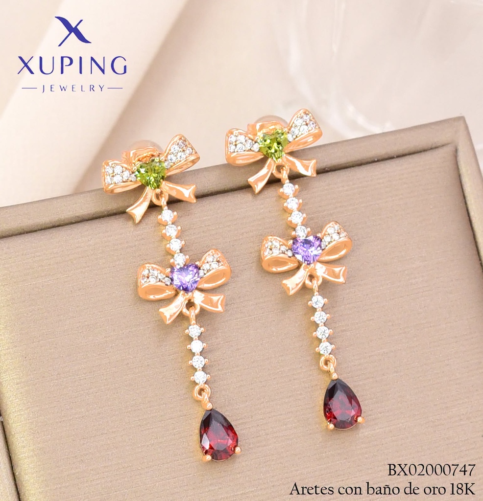 ARETES BAÑO DE ORO 18K XUPING LAZOS ZIRC. VERT. (XAG)