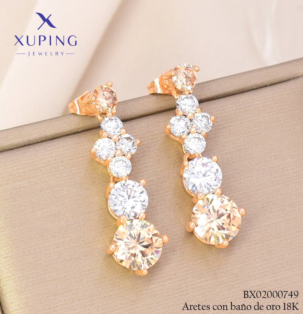ARETES BAÑO DE ORO 18K XUPING LINEA ZIRC CRISTAL &  BEIGE (XAG)