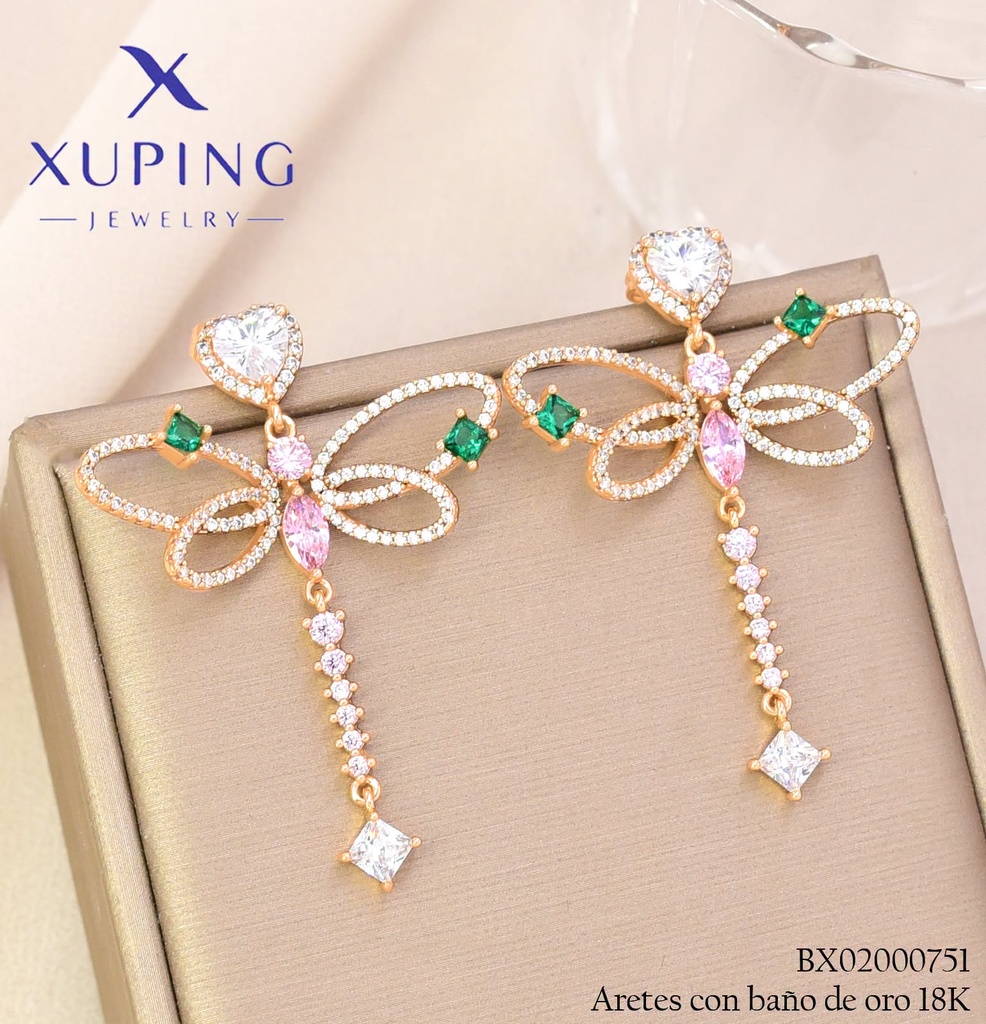 ARETES BAÑO DE ORO 18K XUPING LIBELULA ZIRC. (XAG)