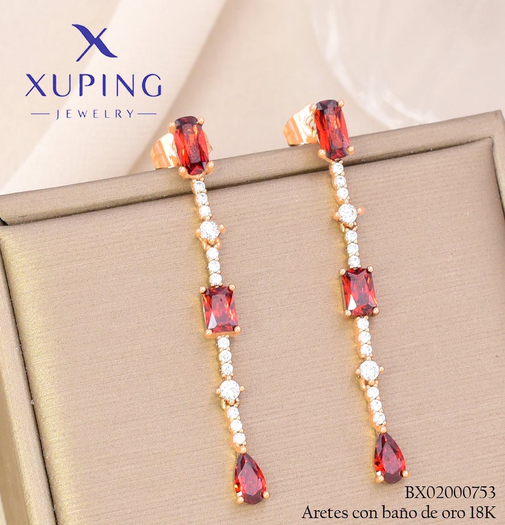 ARETES BAÑO DE ORO 18K XUPING LINEA ZIRC. ROJA RECT. (XAG)