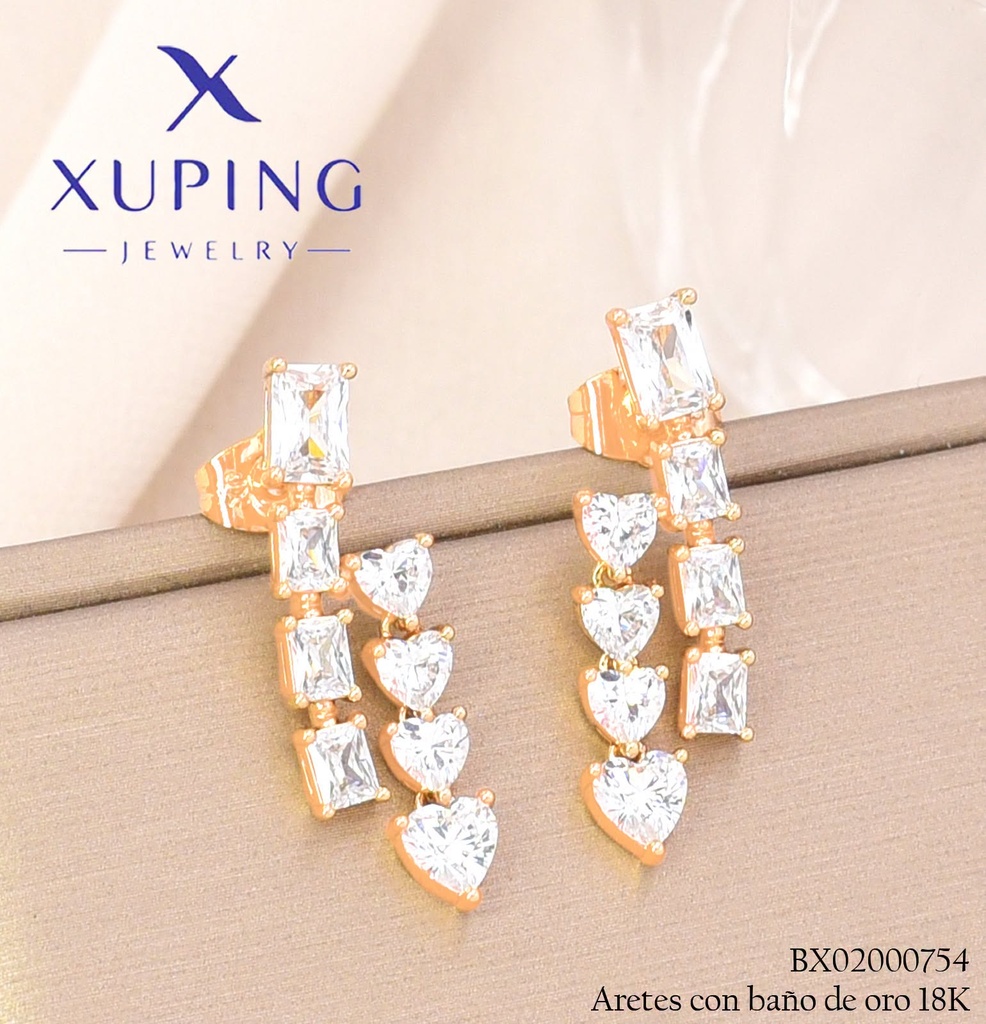 ARETES BAÑO DE ORO 18K XUPING ZIRC. RECT/CORAZONES CRISTAL (XAG)