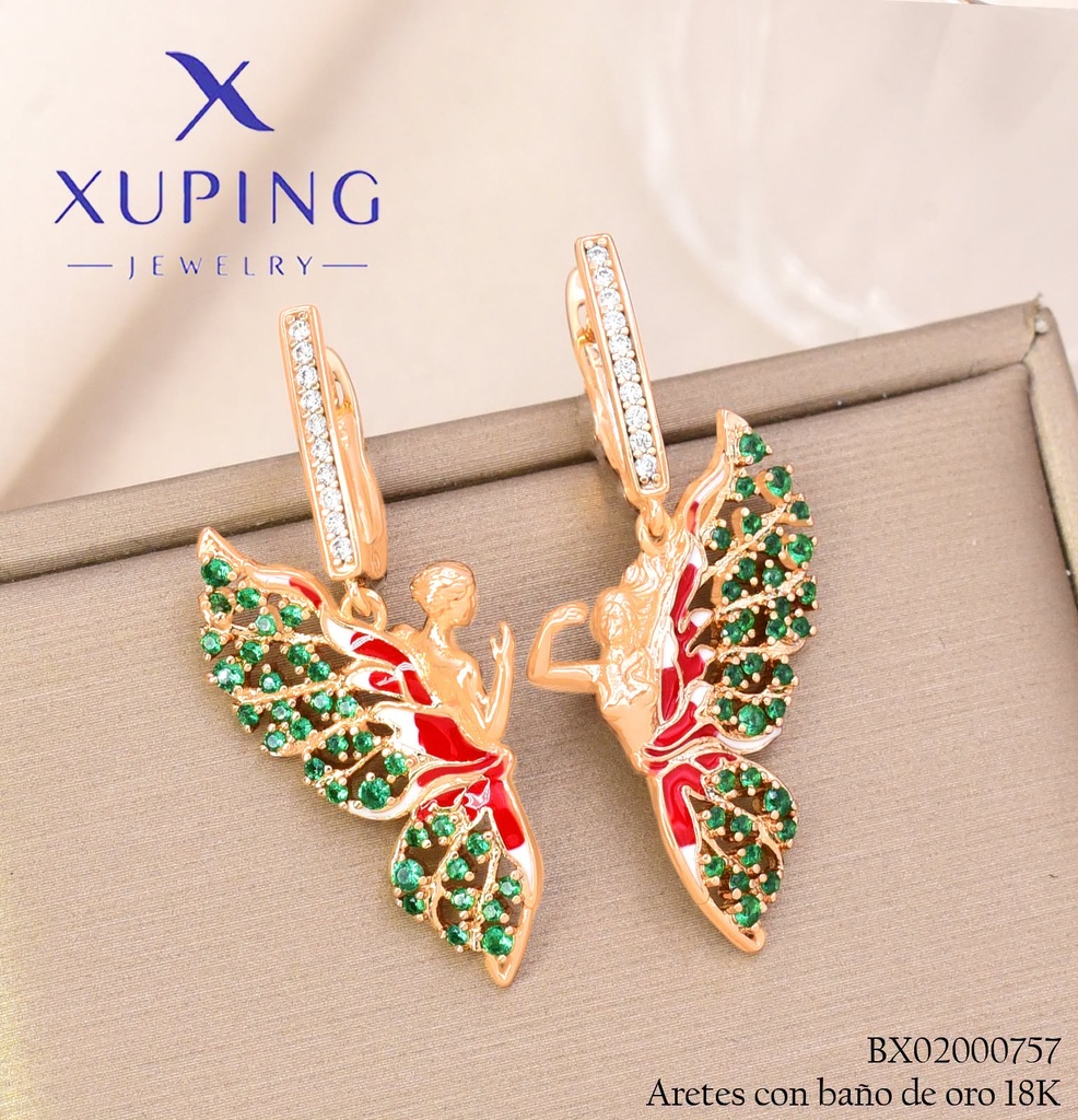 ARETES BAÑO DE ORO 18K XUPING HADA VERDE C/ROJO (XAG)