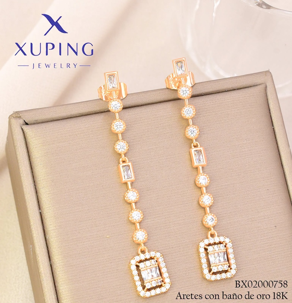 ARETES BAÑO DE ORO 18K XUPING LINEA ZIRC. RECT/RD CRISTAL (XAG)