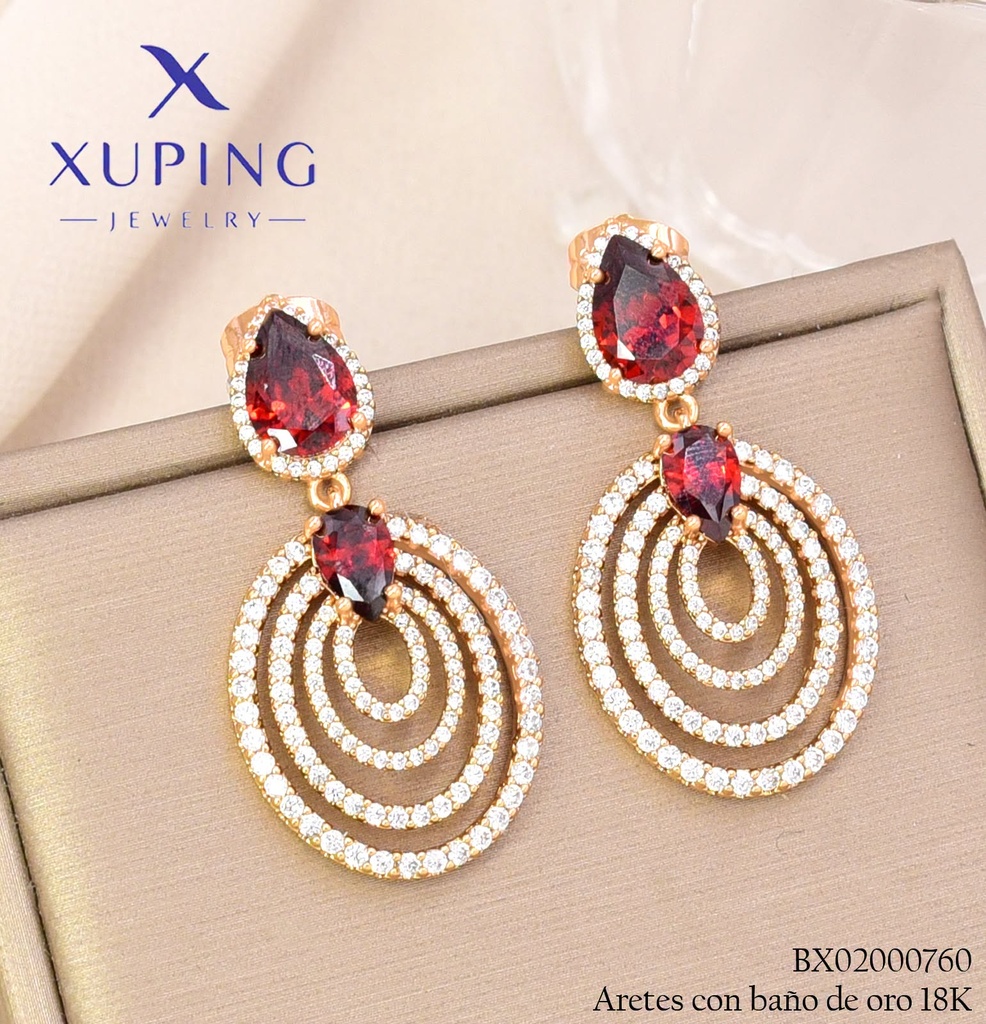 ARETES BAÑO DE ORO 18K XUPING GOTA ROJA / ESPIRAL ZIRC. (XAG)