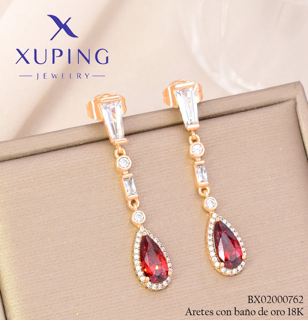 ARETES BAÑO DE ORO 18K XUPING ZIRC. RECT / GOTA ROJA (XAG)