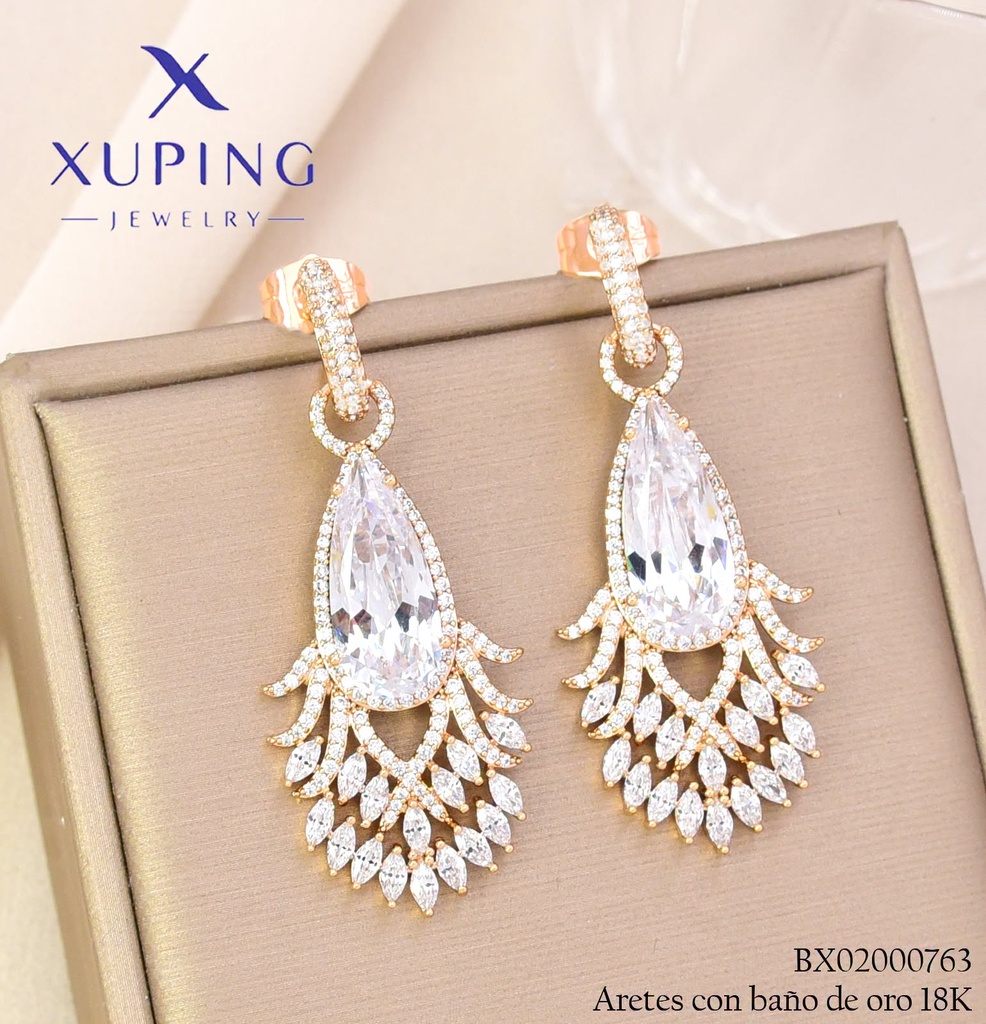 ARETES BAÑO DE ORO 18K XUPING GOTA ZIRC. CRISTAL (XAG)