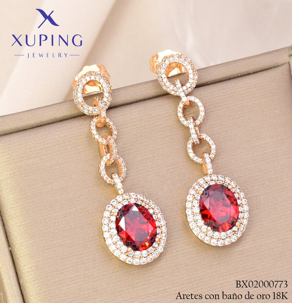ARETES BAÑO DE ORO 18K XUPING OVALOS ZIRC ROJA (XAG)