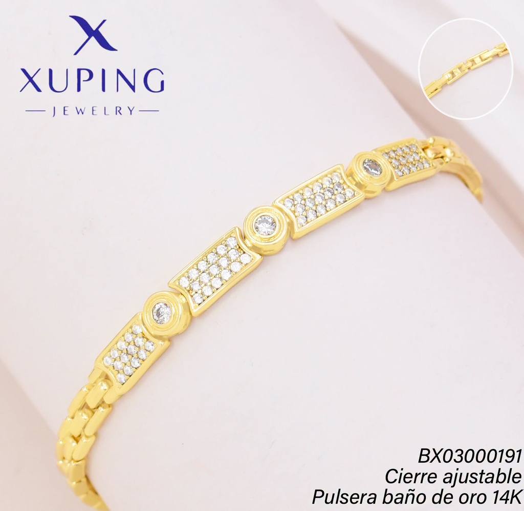 PULSERA BAÑO DE ORO 14K. XUPING RECT/ CIRC. ZIRC. (XAG)