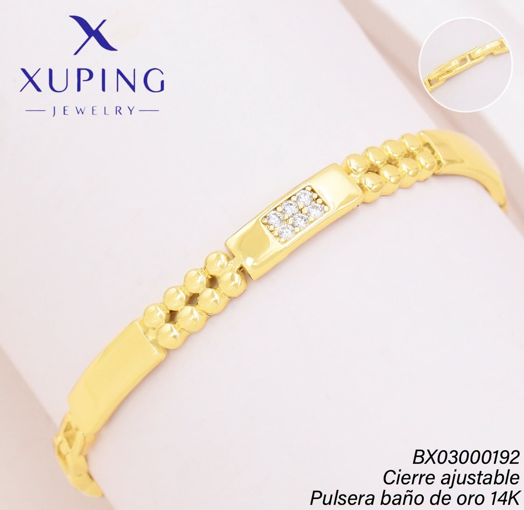PULSERA BAÑO DE ORO 14K XUPING RECT LISOS/ ZIRC/ PELOT. LISAS (XAG)