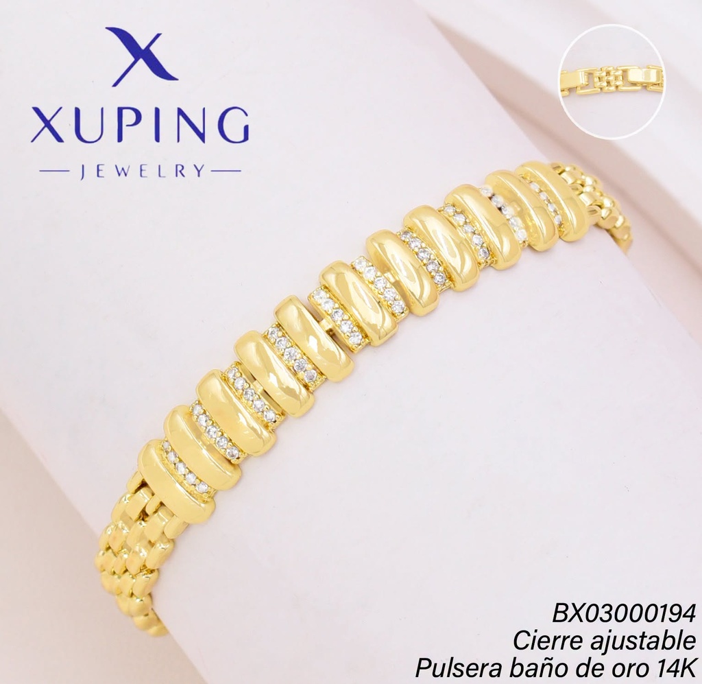PULSERA BAÑO DE ORO 14K XUPING  LINEAS LISAS/ ZIRC. (XAG)