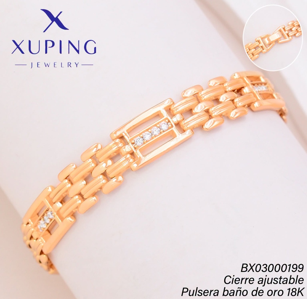 PULSERA BAÑO DE ORO 18K XUPING RECT/ LINEA ZIRC. CENTRO (XAG)