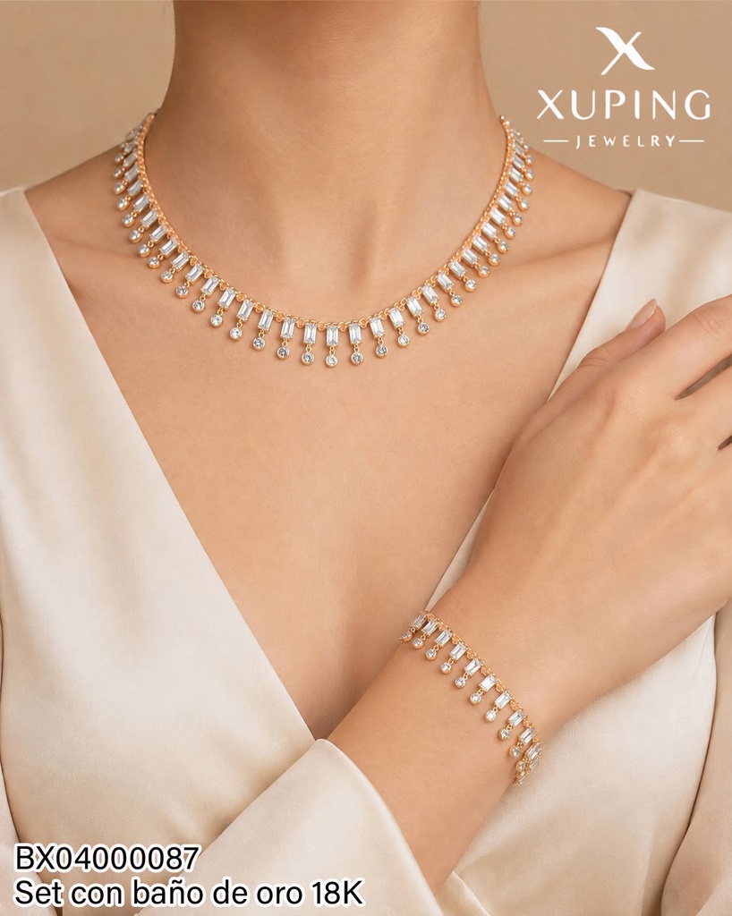 SET BAÑO DE ORO 18K. XUPING CADENA/PULSERA ZIRC RECT/RD (XAG)