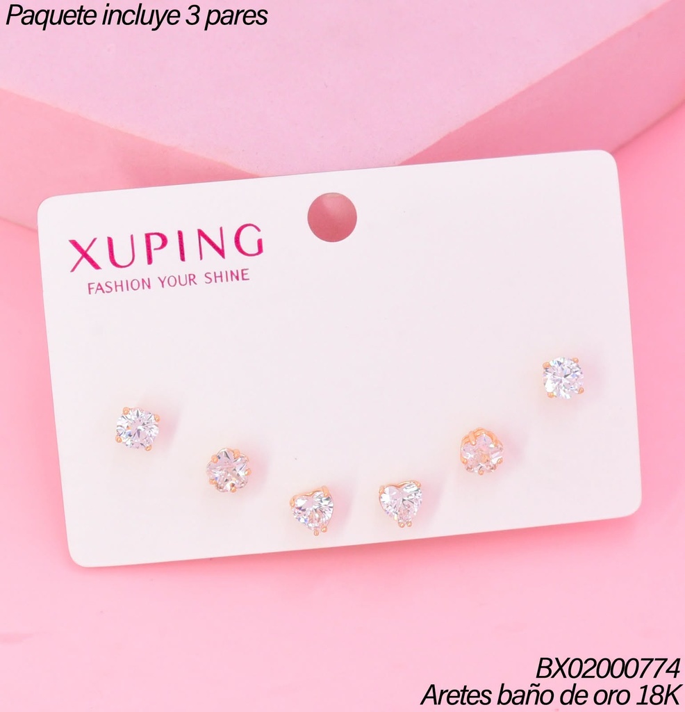 PAQ.3 PARES ARETES BAÑO DE ORO 18K.XUPING ZIRC.RD/FLOR/CORAZON (XAGOST)