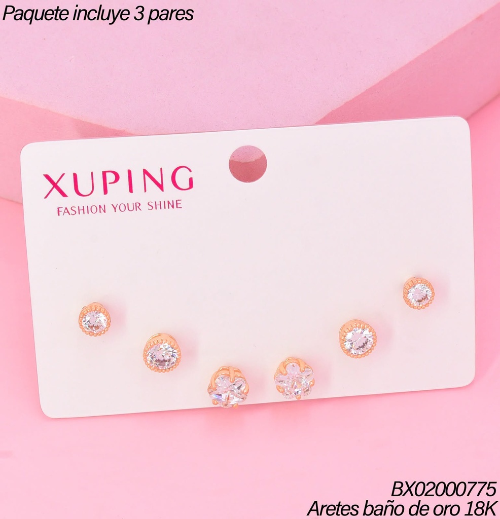 PAQ. 3 PARES ARETES BAÑO DE ORO 18K.XUPING ZIRC.RD/FLOR (XAGOST)