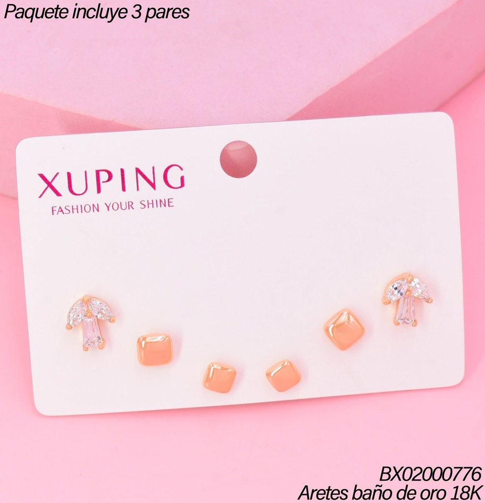 PAQ.3 PARES ARETES BAÑO DE ORO 18K.XUPING 2 CD./HONGO ZIRC (XAGOST)