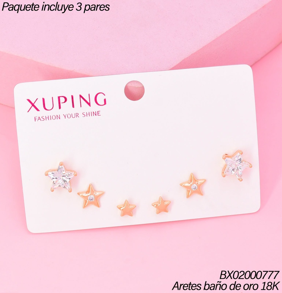 PAQ.3 PARES ARETES BAÑO DE ORO 18K.XUPING 3 ESTRELLAS/ZIRC (XAGOST)