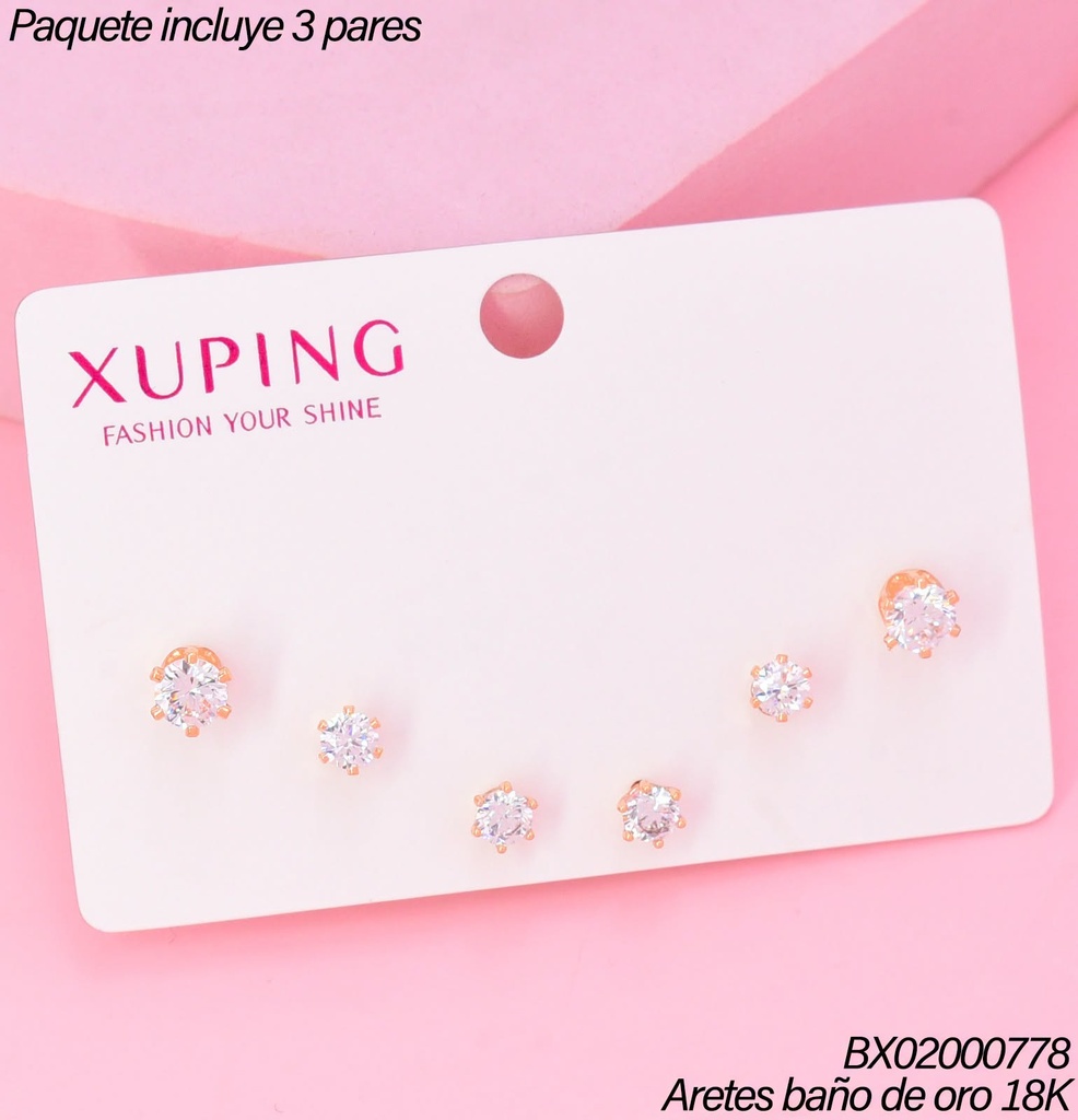 PAQ.3 PARES ARETES BAÑO DE ORO 18K.XUPING 3 ZIRC.RD.DIF.TAMAÑOS (XAGOST)