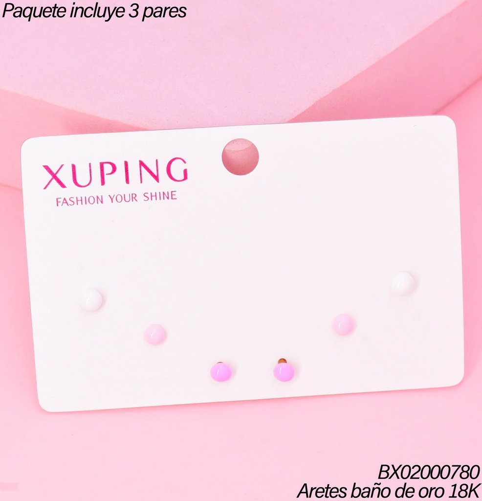 PAQ.3 PARES ARETES BAÑO DE ORO 18K.XUPING 3 TOPITOS COL.PASTELES (XAGOST)