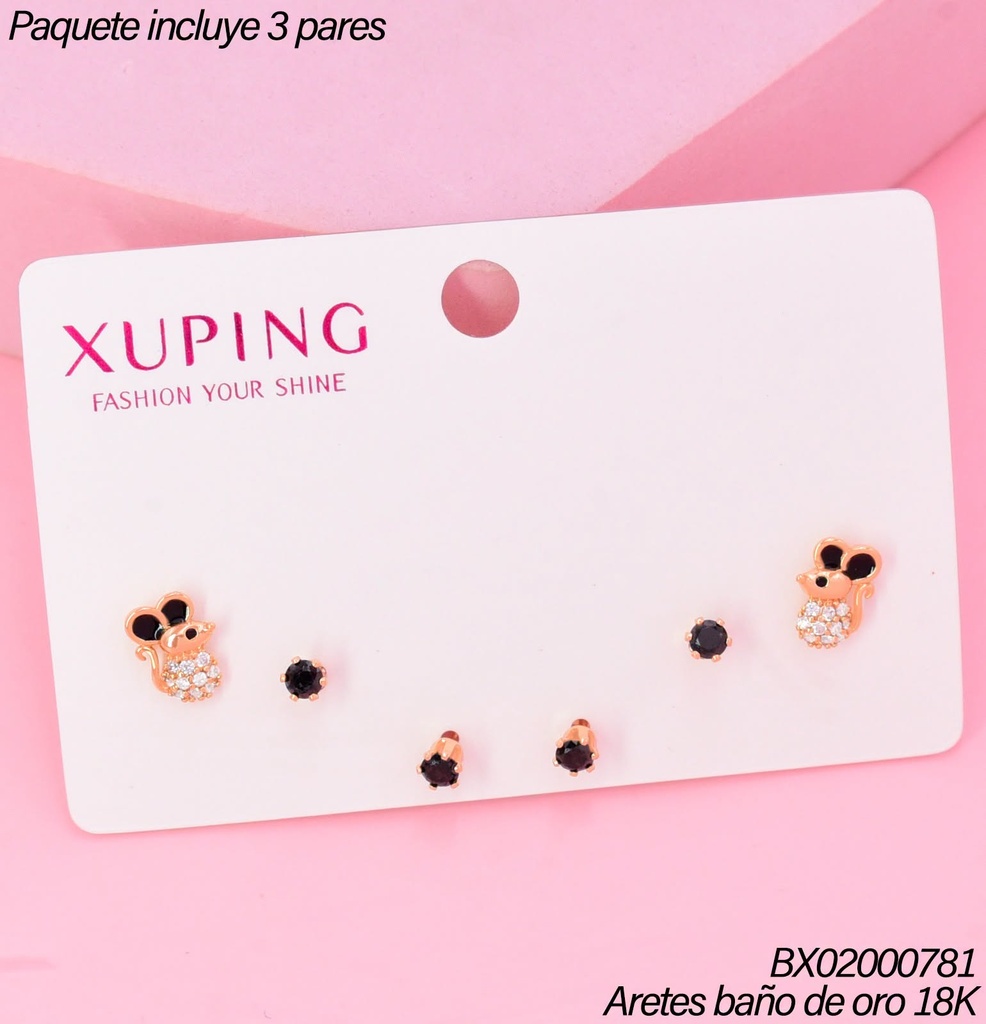 PAQ.3 PARES ARETES BAÑO DE ORO 18K.XUPING 2 ZIRC.NEGRA/RATON (XAGOST)