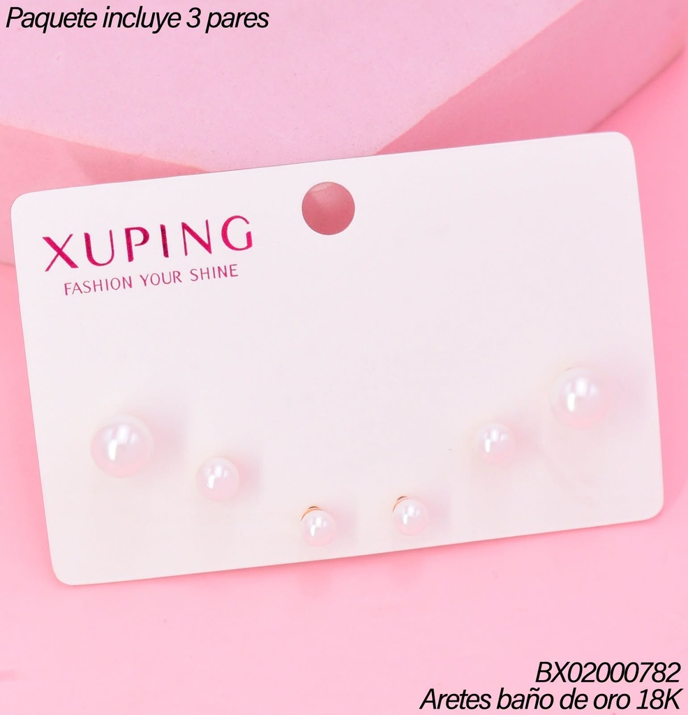 PAQ.3 PARES ARETES BAÑO DE ORO 18K.XUPING 3 PERLAS DIF.TAMAÑOS (XAGOST)