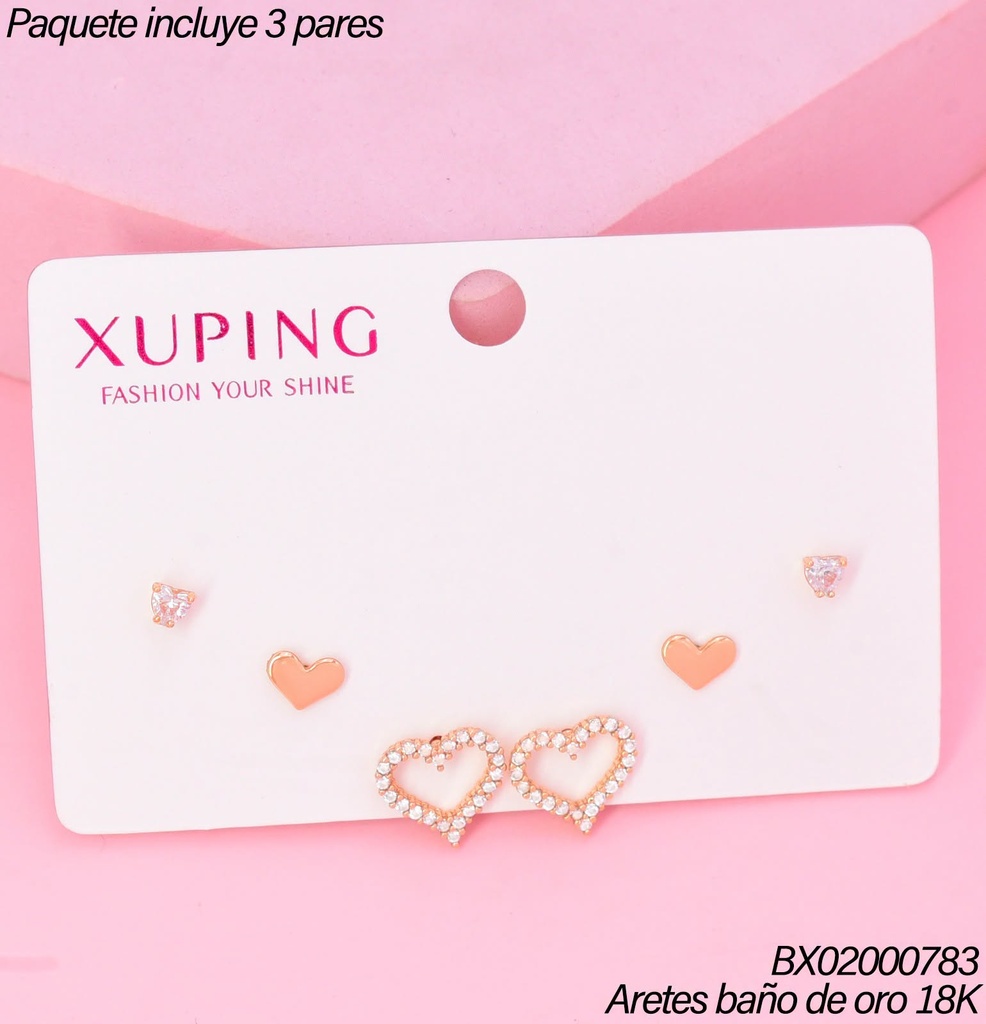 PAQ.3 PARES ARETES BAÑO DE ORO 18K.XUPING ZIRC.CORAZ./CORAZON/CROQUI (XAGOST)